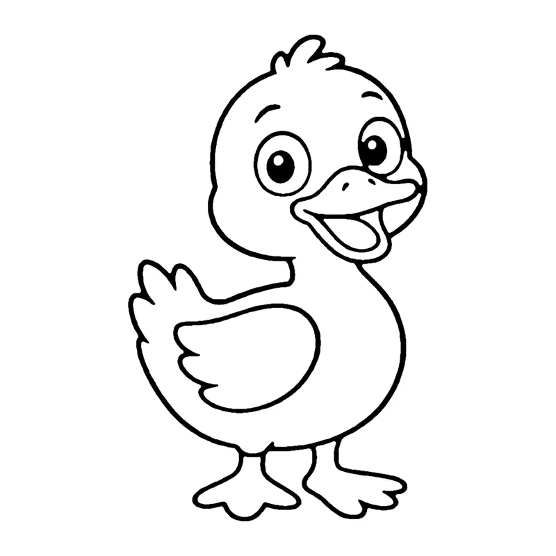 Line drawing of a cheerful duck with a wide open bill and folded wing, standing on webbed feet