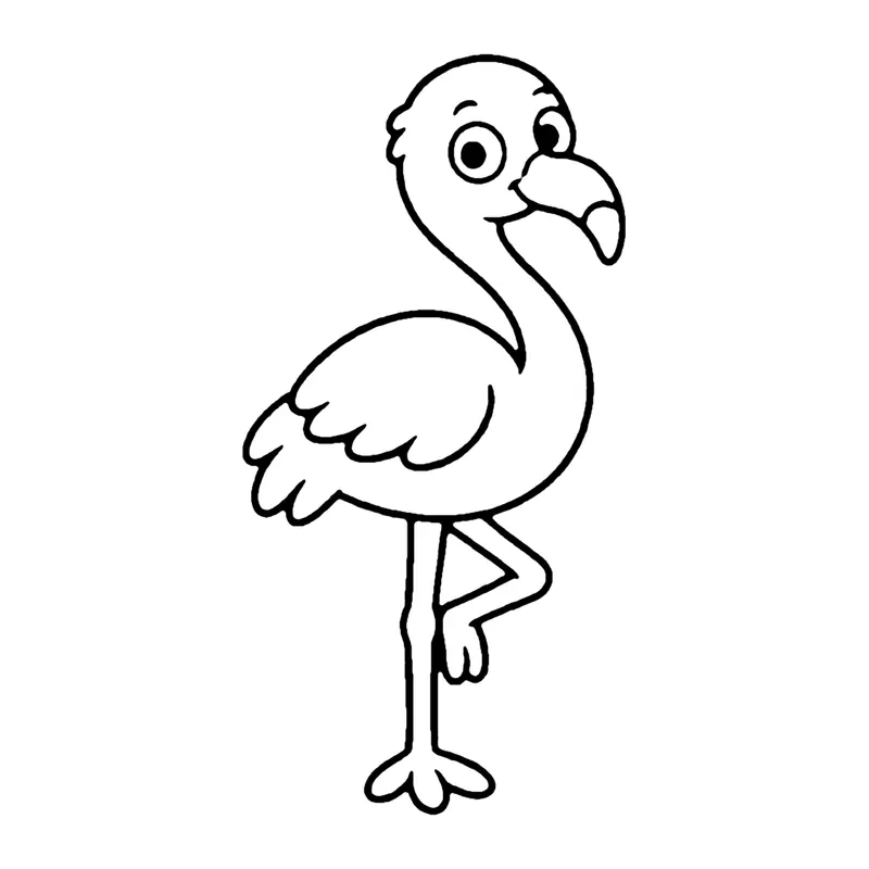 Line drawing of a flamingo standing on one leg with a curved neck and bent beak