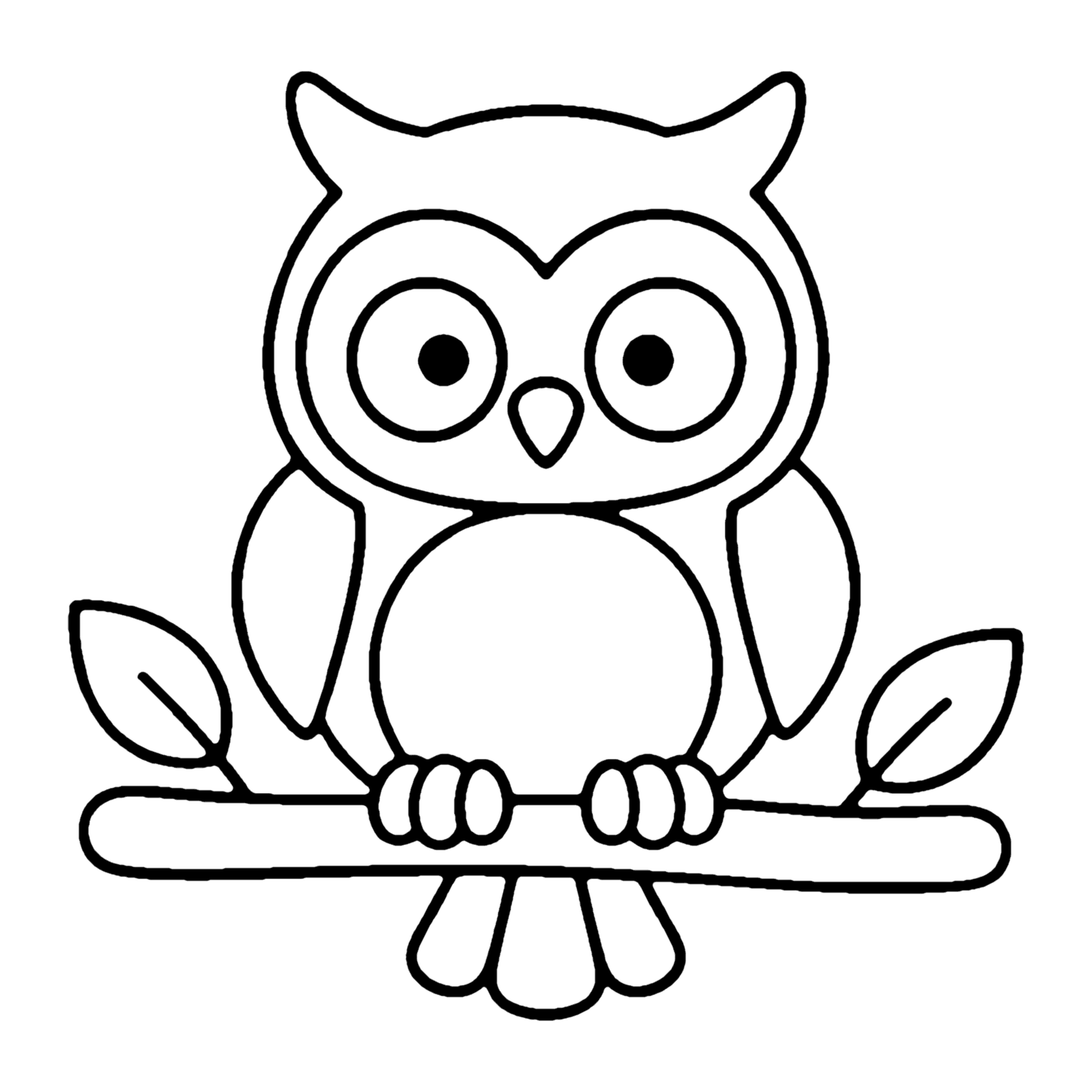 Line drawing of a wide-eyed owl with ear tufts perched on a branch with two leaves