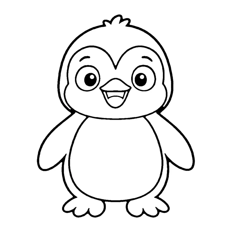 Line drawing of a smiling penguin standing with flippers out and a round white belly