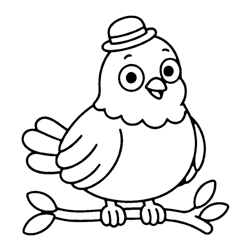 Line drawing of a plump pigeon wearing a tiny bowler hat, perched on a branch