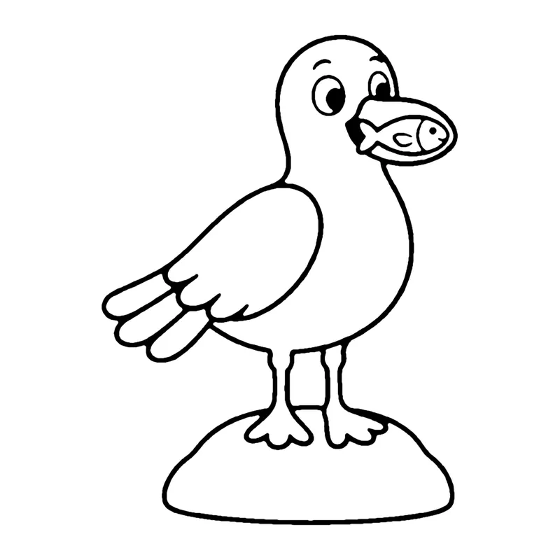 Line drawing of a seagull standing on a rock holding a small fish in its beak