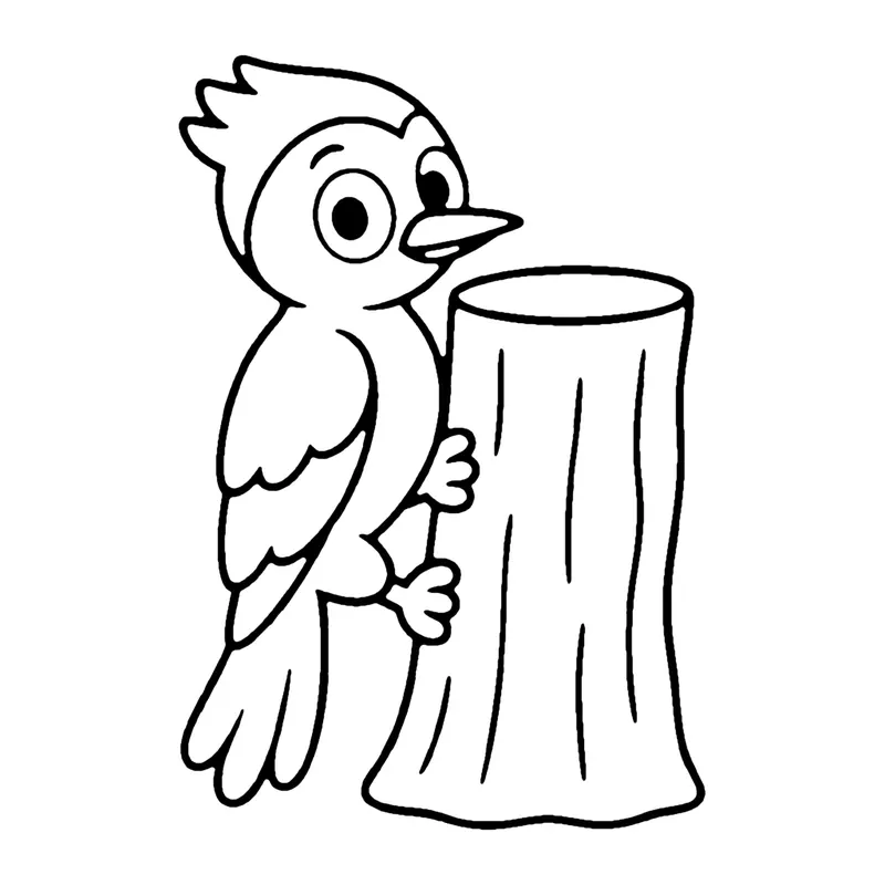 Line drawing of a woodpecker clinging to the side of a tall tree stump