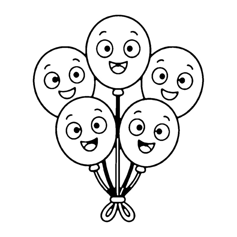 Line drawing of a bunch of five smiling round balloons tied together with curly ribbons