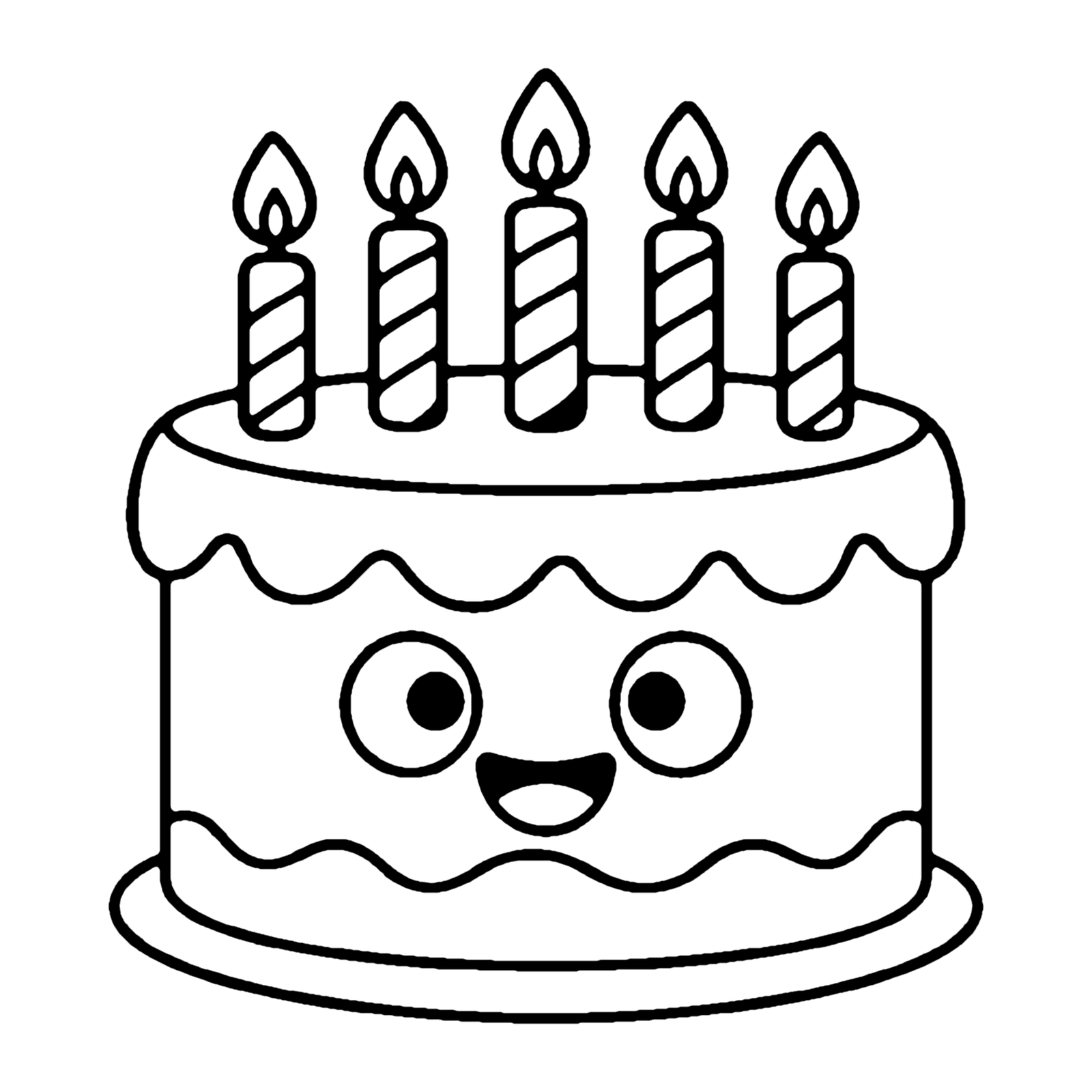 Line drawing of a smiling two-layer birthday cake with drippy frosting and five lit candles on top