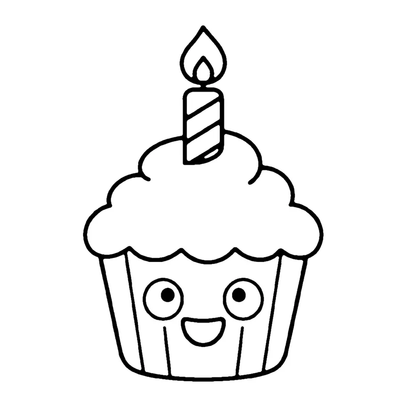 Line drawing of a smiling cupcake with fluffy frosting and one striped candle on top