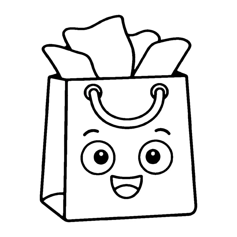 Line drawing of a smiling gift bag with rope handles and tissue paper sticking out of the top