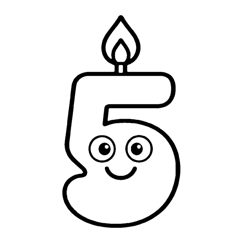 Line drawing of a smiling candle shaped like the number 5 with a small flame on top