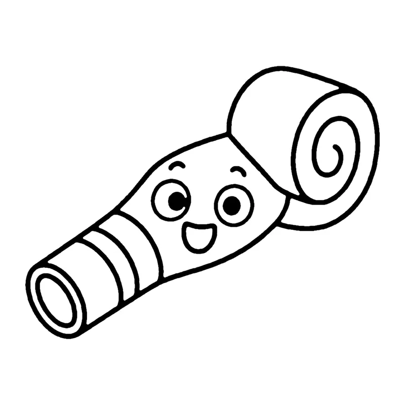 Line drawing of a smiling party blower with a striped mouthpiece and a curled-up paper end
