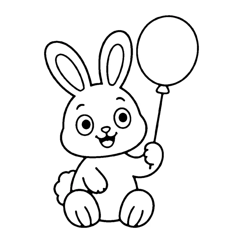 Line drawing of a smiling bunny with long ears sitting and holding a balloon on a string