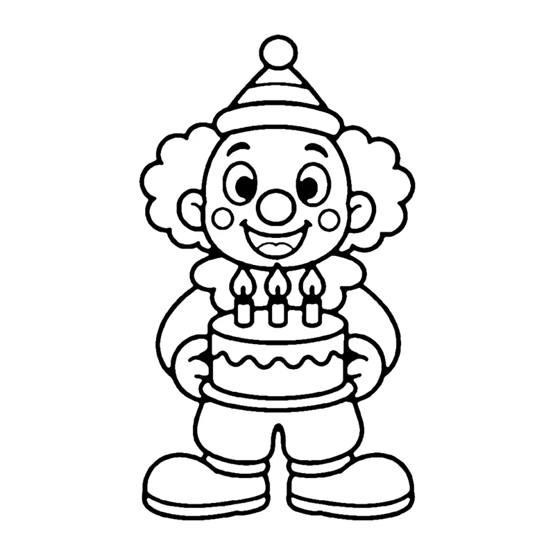 Line drawing of a smiling clown in a party hat holding a small birthday cake with candles