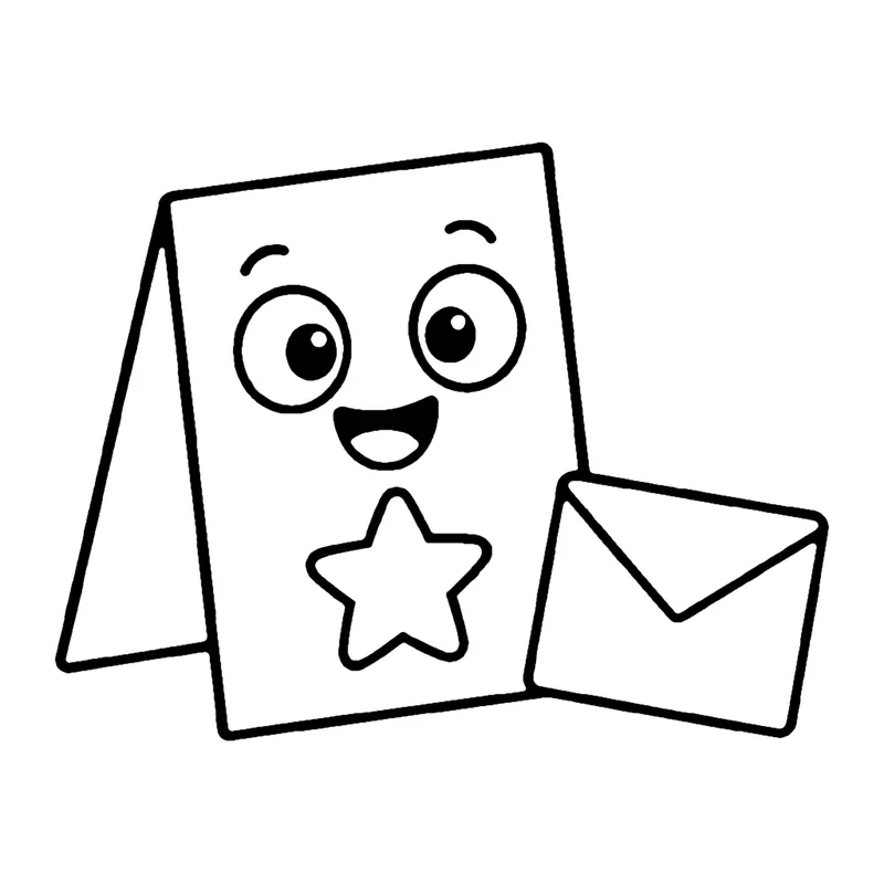 Line drawing of a smiling folded invitation card with a star and an envelope beside it