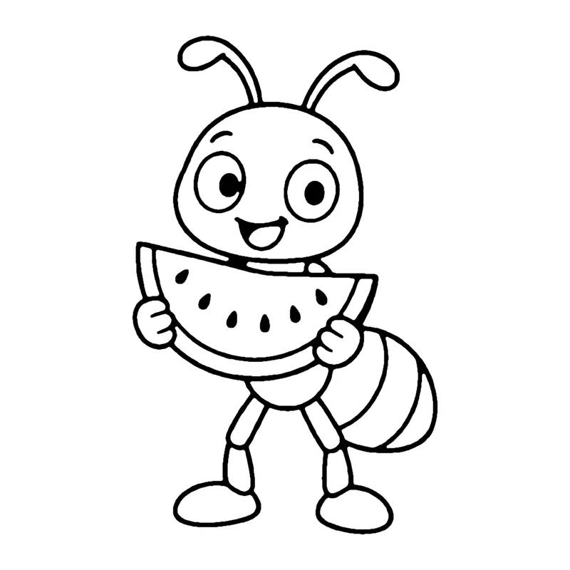 Line drawing of a smiling ant standing up and holding a slice of watermelon