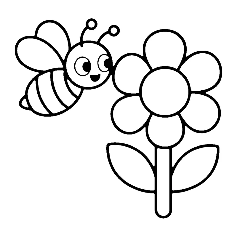 Line drawing of a smiling striped bee flying toward a large flower with round petals