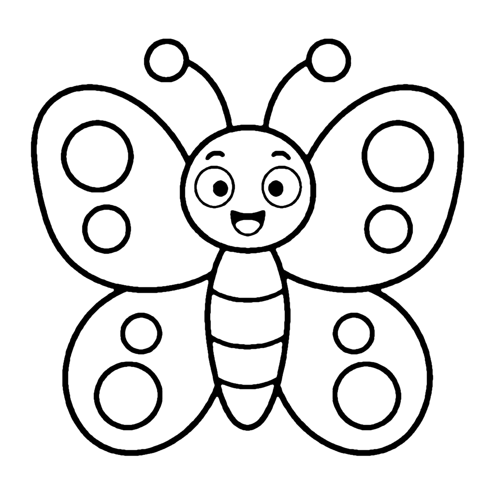 Line drawing of a smiling butterfly with four round-spotted wings and curled antennae