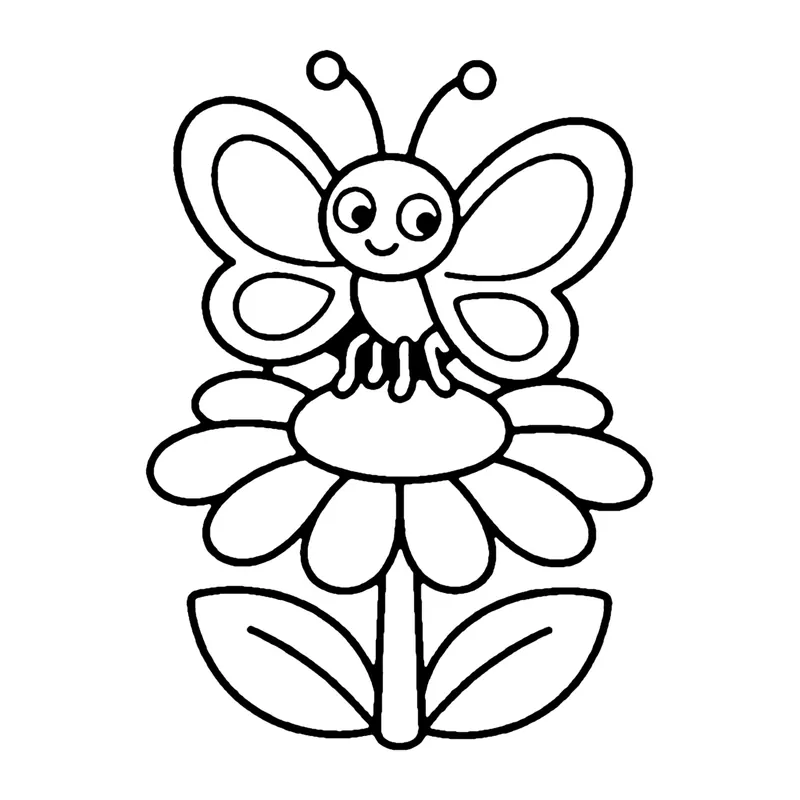Line drawing of a smiling butterfly with patterned wings landing on a daisy