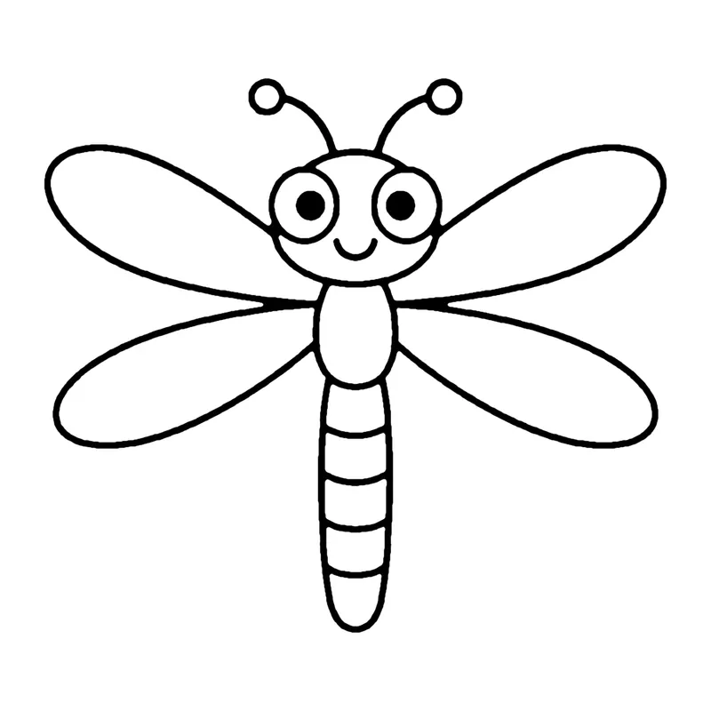 Line drawing of a smiling dragonfly with four long wings and a thin striped tail
