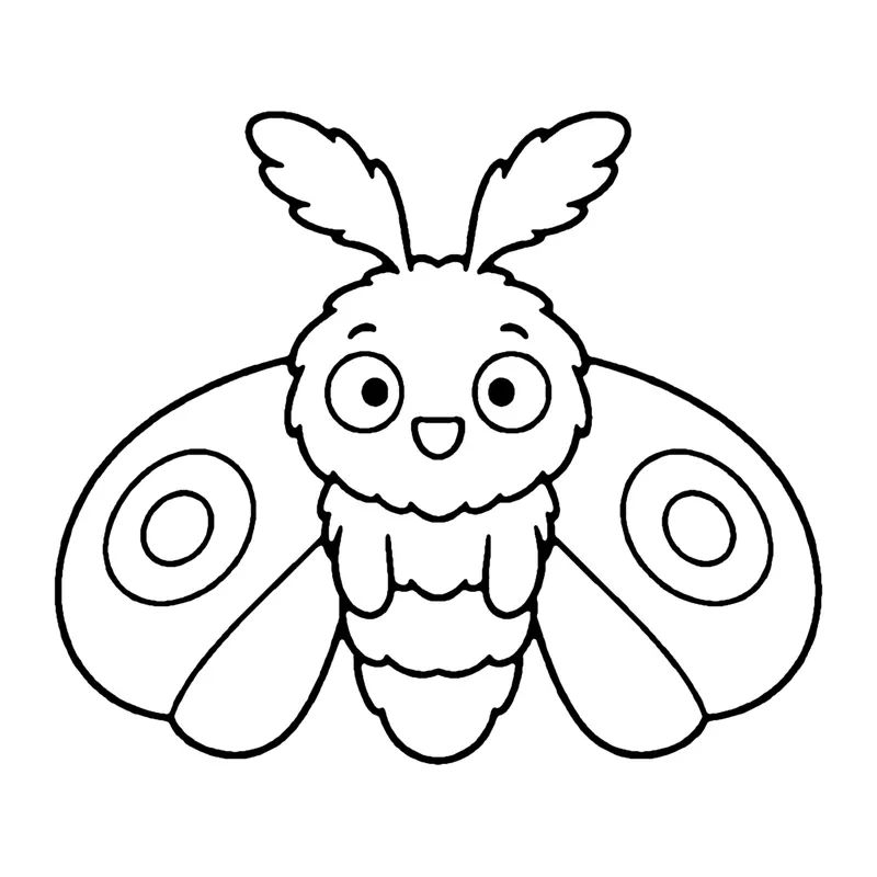 Line drawing of a fluffy moth with feathery antennae and four rounded wings with eye spots