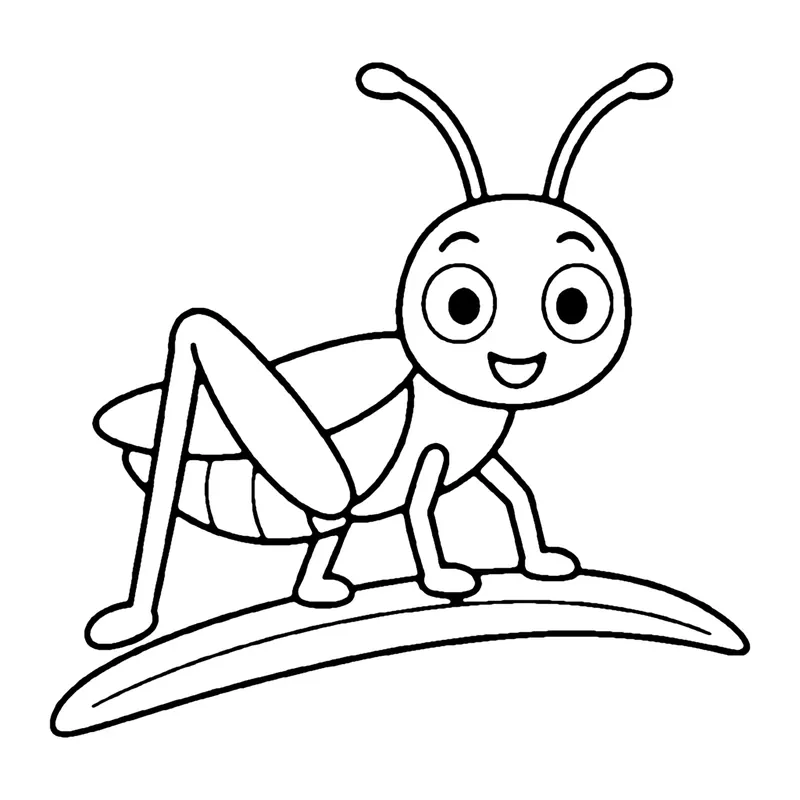 Line drawing of a smiling grasshopper with long bent back legs standing on a blade of grass