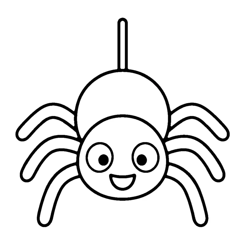 Line drawing of a smiling round spider hanging from a single thread with eight curved legs