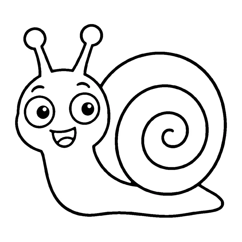 Line drawing of a smiling snail with a big spiral shell and two eye stalks