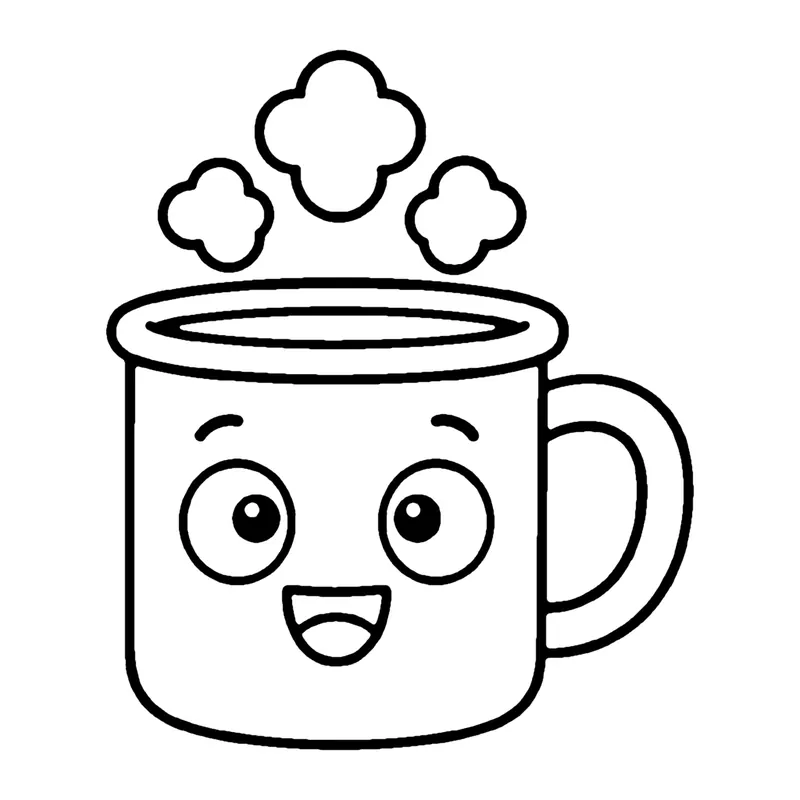 Line drawing of a smiling enamel camp mug with steam rising from the top