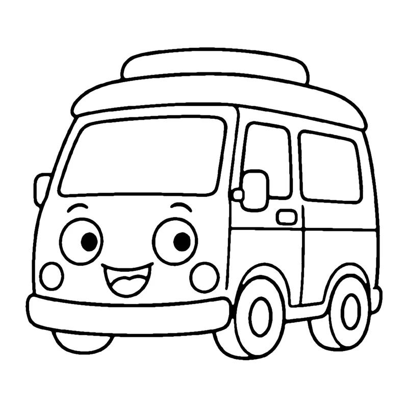Line drawing of a smiling camper van with a pop-up roof, side windows and round headlights