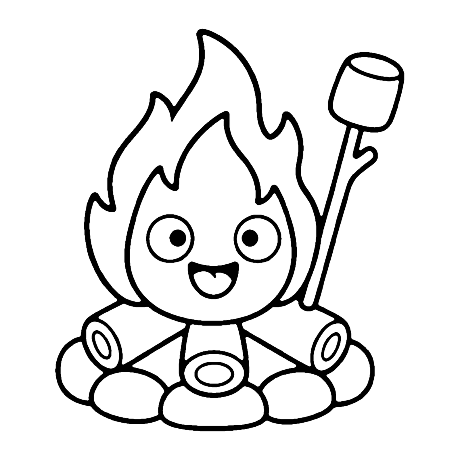 Line drawing of a smiling campfire flame on a ring of logs with a marshmallow on a stick