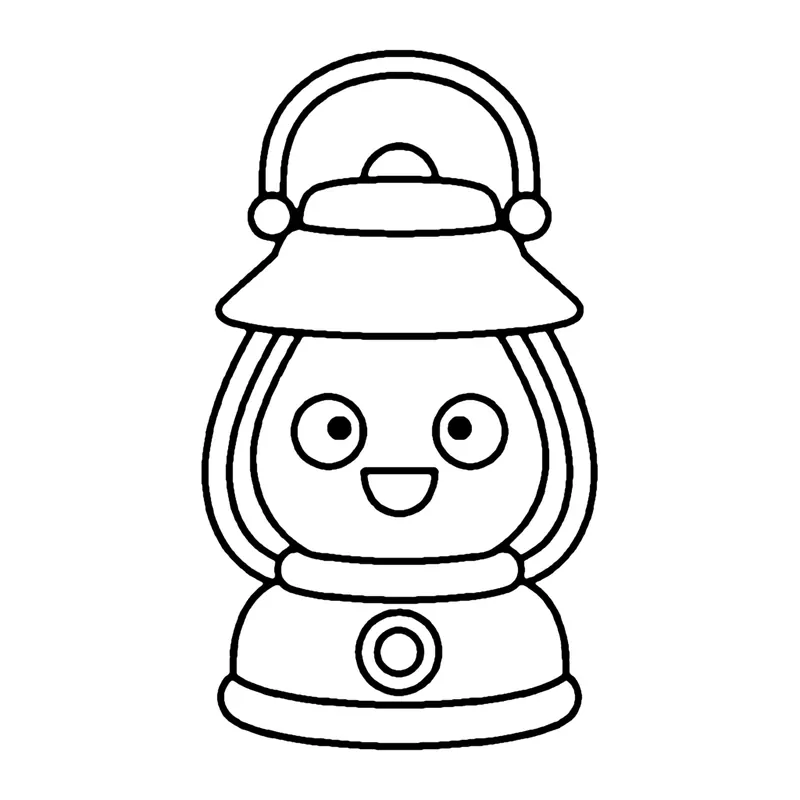 Line drawing of a smiling camping lantern with a carry handle, a hood and a round knob