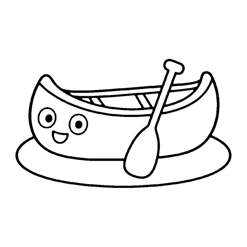Line drawing of a smiling canoe floating on the water with a paddle leaning against it