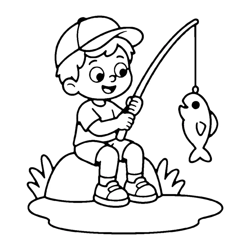 Line drawing of a smiling child in a cap sitting on a rock fishing with a little fish on the line