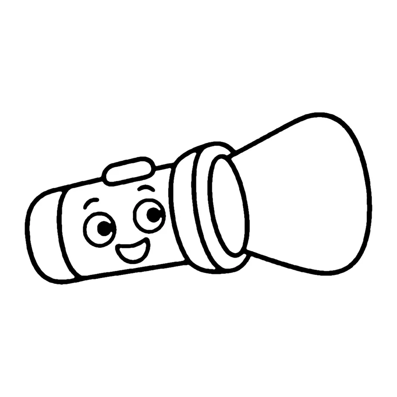 Line drawing of a smiling flashlight lying on its side with a wide front lamp