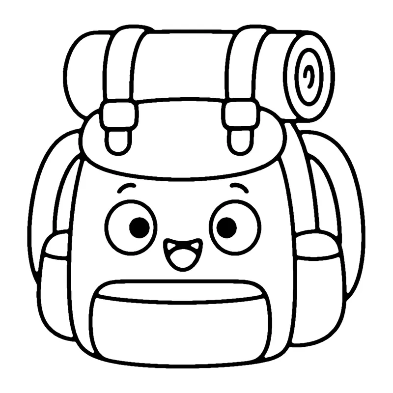Line drawing of a smiling hiking backpack with straps, pockets and a rolled mat on top