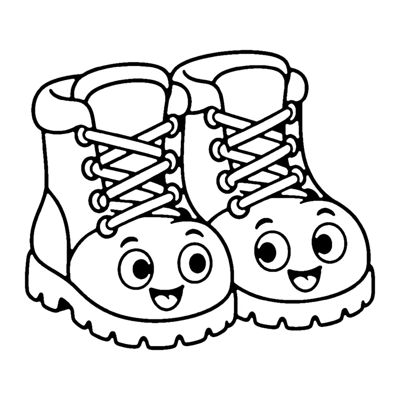 Line drawing of a pair of smiling laced hiking boots with thick bumpy soles
