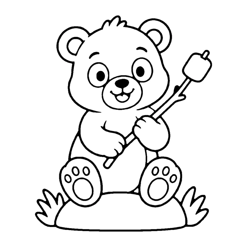 Line drawing of a teddy-style bear sitting on grass toasting a marshmallow on a stick