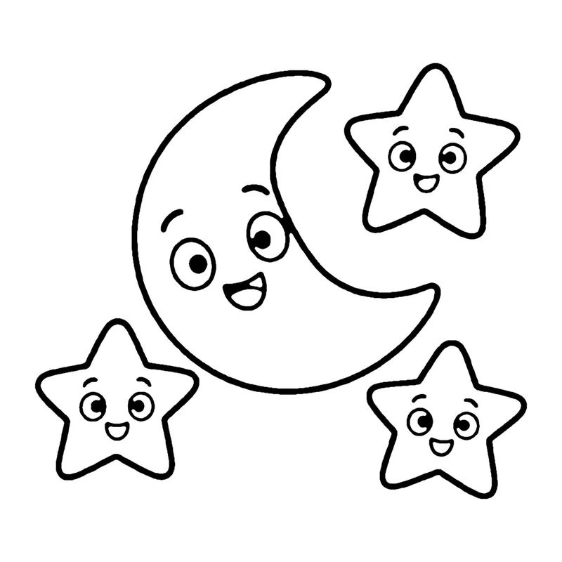 Line drawing of a smiling crescent moon surrounded by three smiling stars