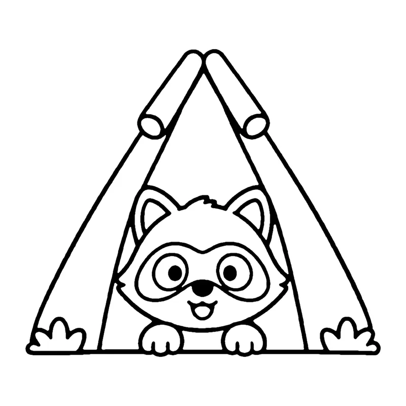 Line drawing of a raccoon with a masked face peeking out of a triangle tent