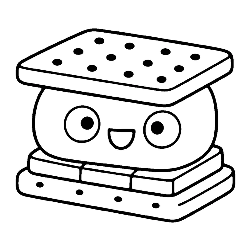 Line drawing of a smiling s'more with a marshmallow and chocolate between two graham crackers