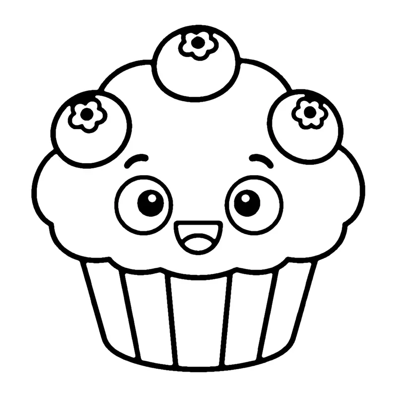 Line drawing of a smiling muffin with a puffy top dotted with blueberries in a paper cup