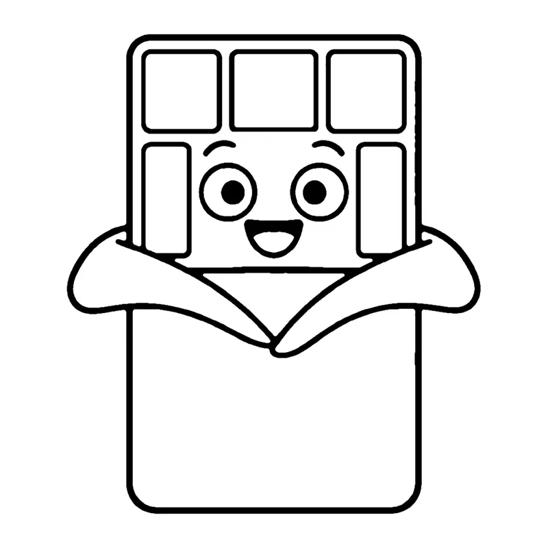 Line drawing of a smiling chocolate bar with squares on top peeking out of an open wrapper