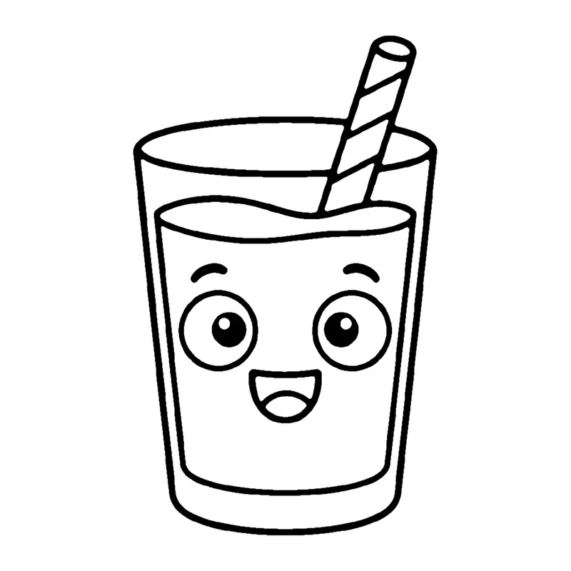 Line drawing of a smiling glass of chocolate milk with a striped straw