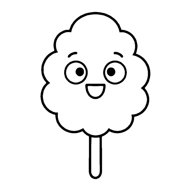 Line drawing of a fluffy smiling cloud of cotton candy on a stick