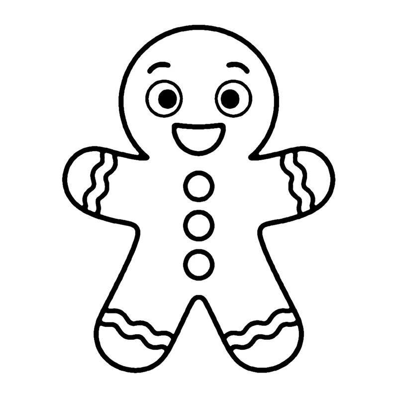 Line drawing of a smiling gingerbread man with three buttons and wavy icing on his arms and legs