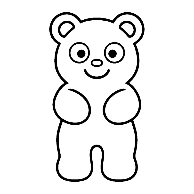 Line drawing of a smiling gummy bear standing with its arms at its sides