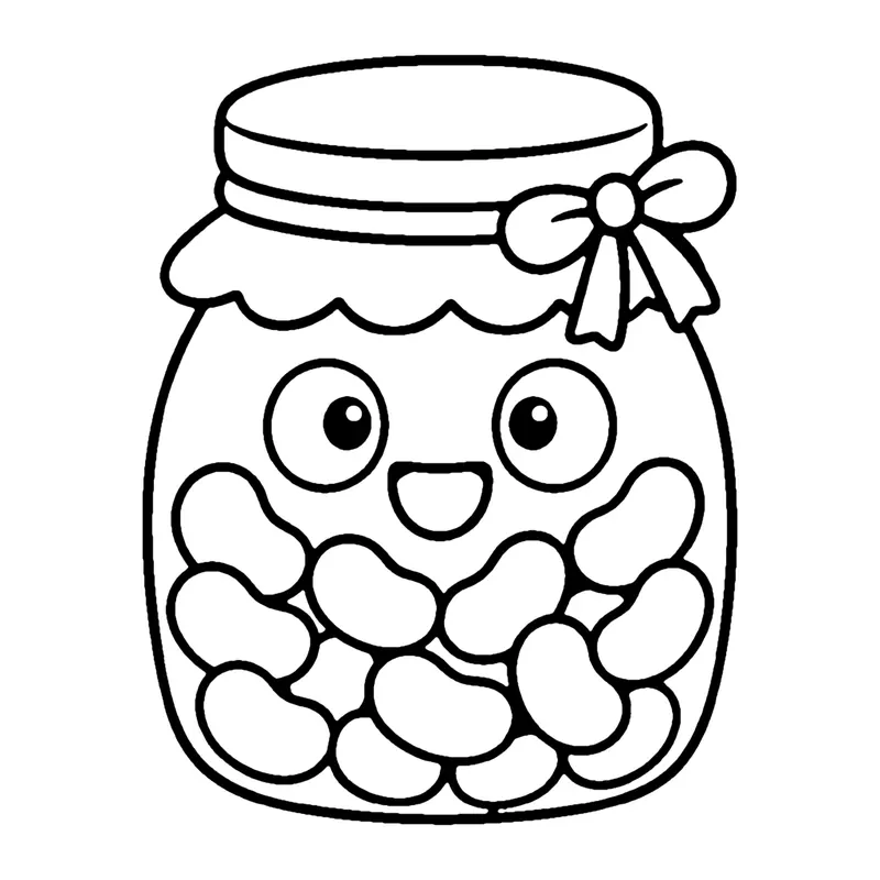 Line drawing of a smiling glass jar packed with jelly beans and tied with a bow
