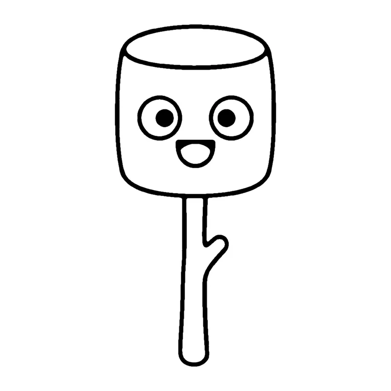 Line drawing of a smiling marshmallow on a twig, ready for toasting