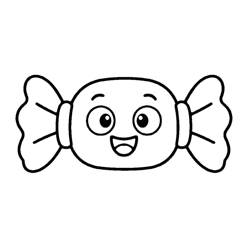 Line drawing of a smiling wrapped toffee candy with twisted ends