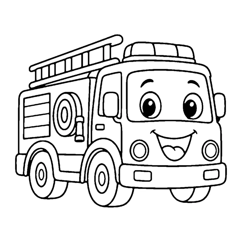 Line drawing of a smiling fire truck with a ladder on top, a coiled hose on the side and big wheels