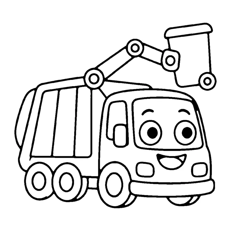 Line drawing of a smiling garbage truck lifting a trash bin with a mechanical arm