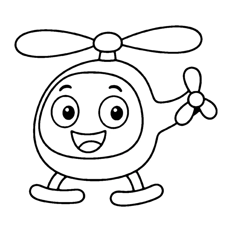 Line drawing of a round smiling helicopter with a spinning rotor on top, a tail rotor and landing skids